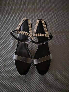 Black Jeweled Ankle-Strap Heels with Clear Toe Band